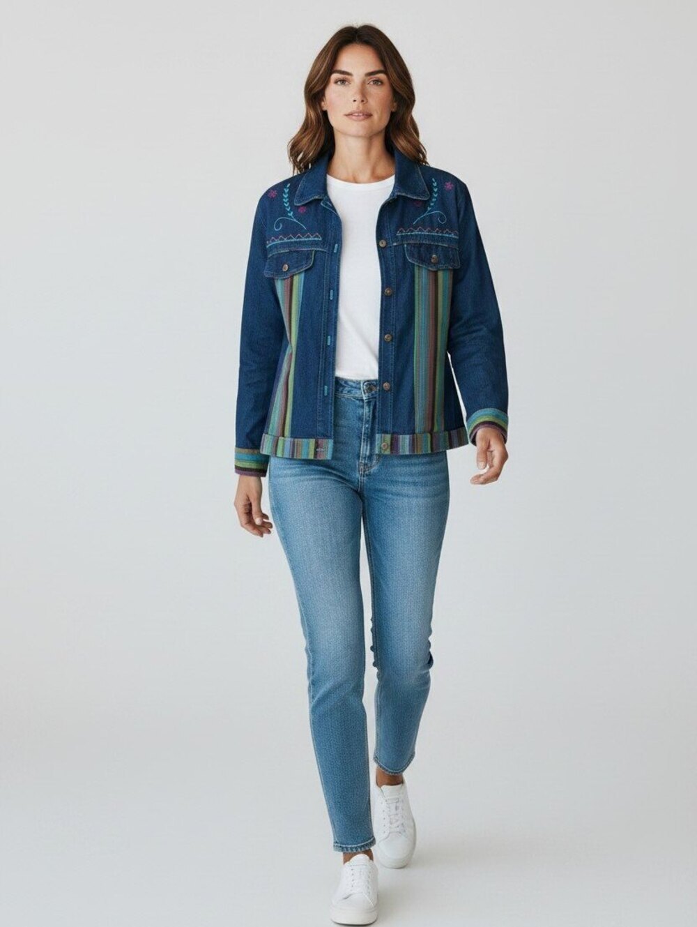 AMICA Embroidered Stripe Denim Jacket – Women's Medium – 100% Cotton